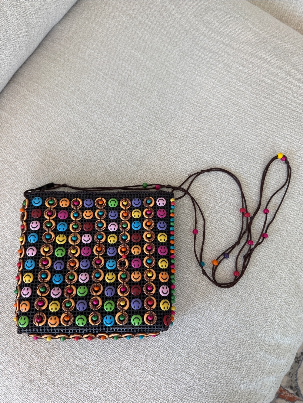 Handmade African Smiley Face Beaded Crossbody Bag | Colorful Festival Boho